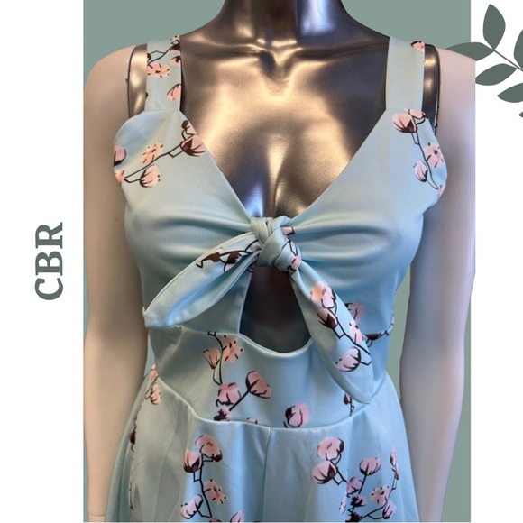 🛍️3/$40 CBR Romper Blue Pink Cherry Blossom Shorts Cut Out Tie Front Size Medium - Picture 4 of 6